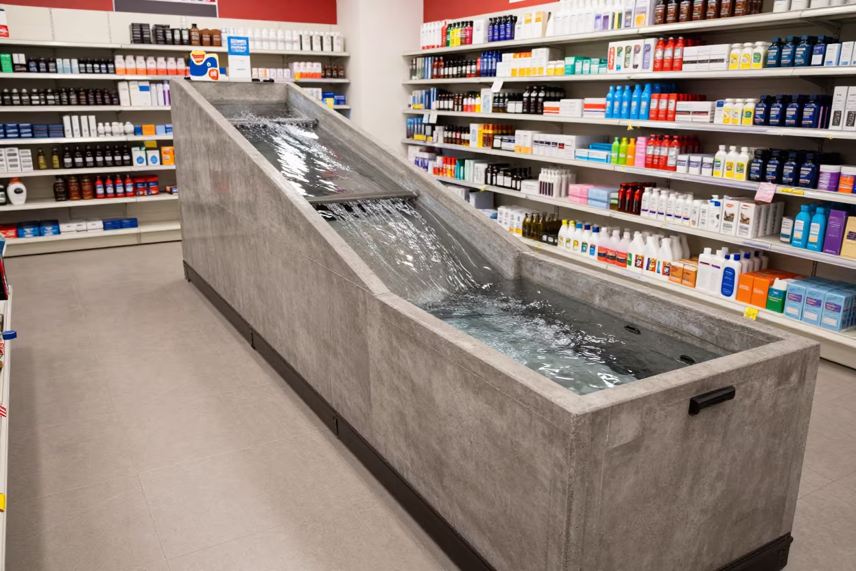 Frozen Liner Bin with Uphill Water Flow in inside a retail floor display area near Arequipa