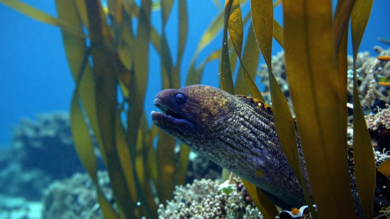 Frozen Moray Eel in Zanzibar Kelp Forest in beside a reef crevice under clear water near Zanzibar