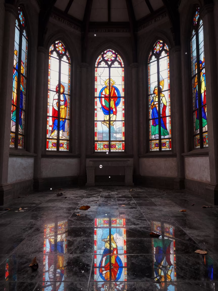 Frozen Pagoda Reflection in Chapel Dawn in in a chapel lit by stained glass in Hongkou, Shanghai