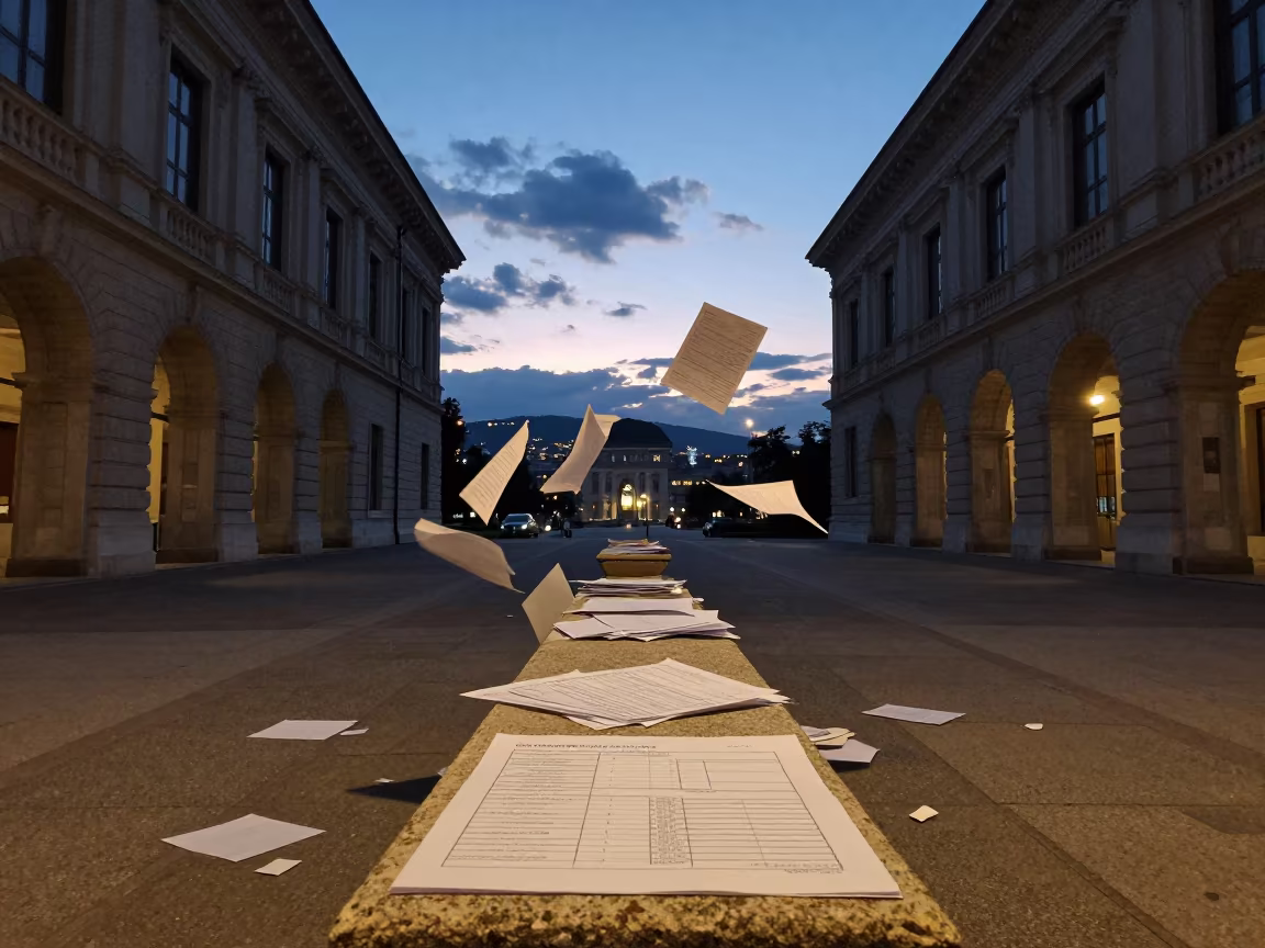 Frozen Paper Forms on Trieste Courthouse Bench in in a courthouse corridor in Trieste