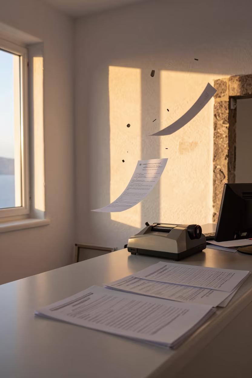 Frozen Payroll Workstation in Santorini Sunset in at an office reception desk in Santorini