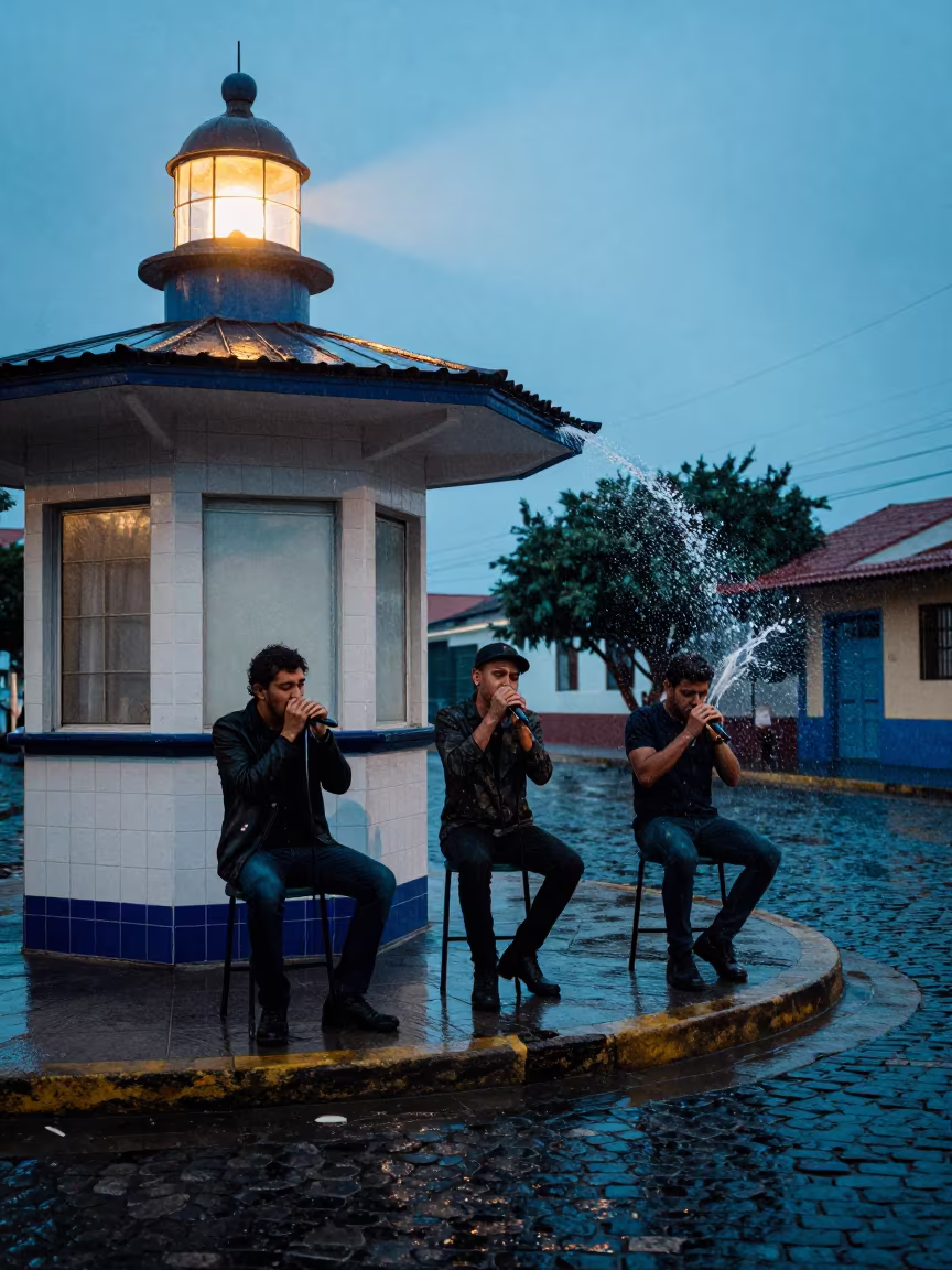 Frozen Rain Drops Over Blues Trio in Medellin in by a rain-darkened kiosk in Medellin