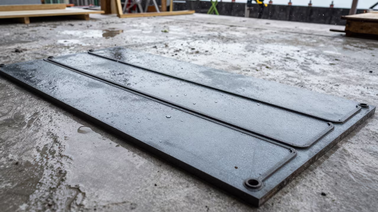 Frozen Rain Drops on Construction Gasket Board Nagasaki in on an active construction deck near Nagasaki