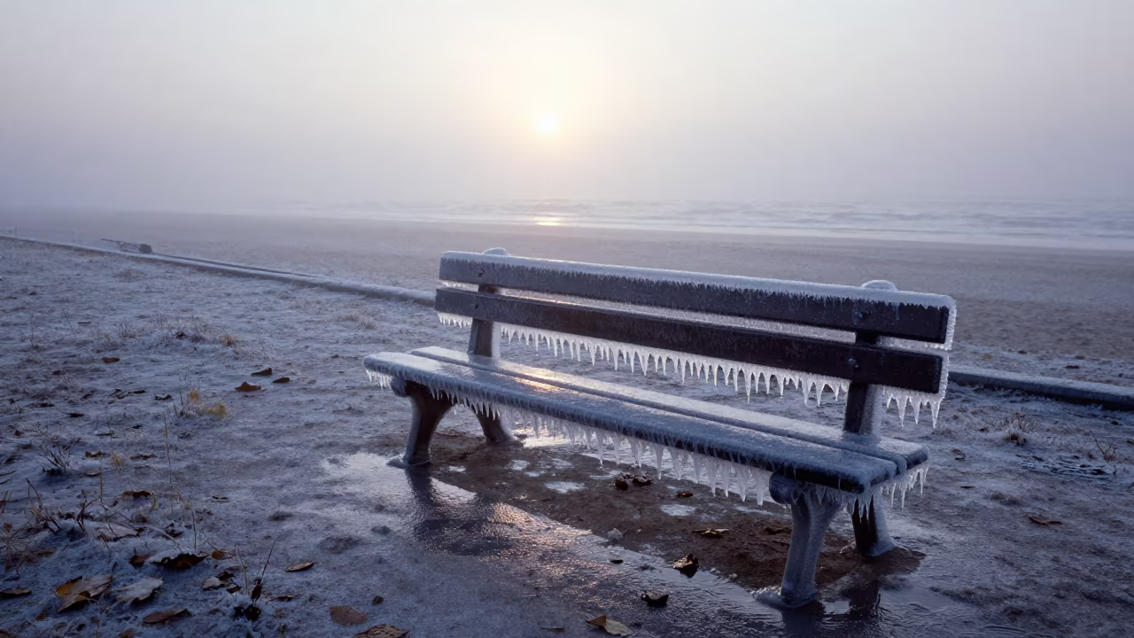 Frozen Rain Encased Park Bench Near Giza in through low marine fog near Giza