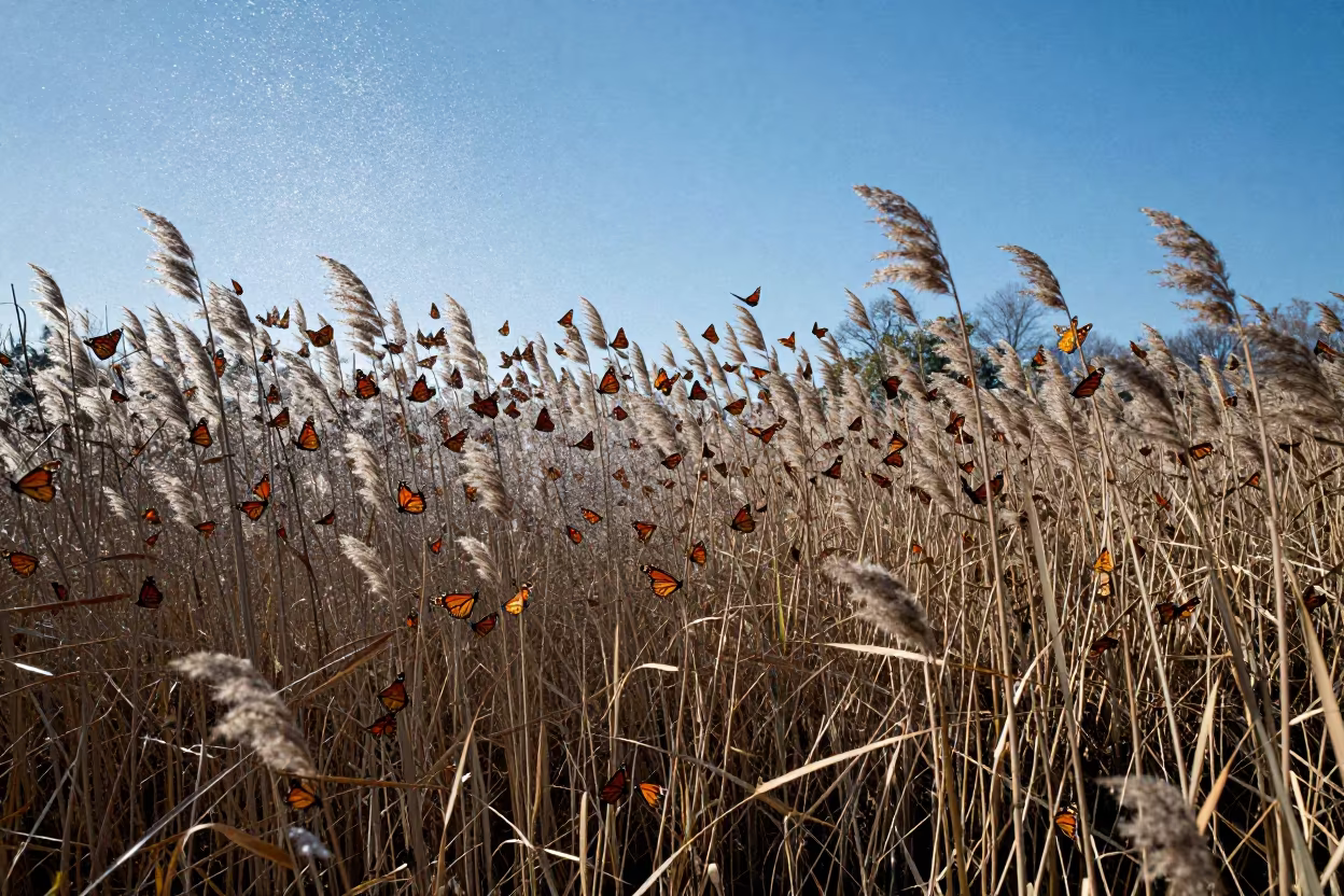 Frozen Rain Monarch Swarm Autumn Ohio in at the edge of a reed bed in Ohio