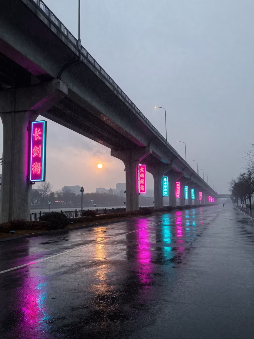 Frozen Rain and Neon Shadows Under Ningbo Dawn in beneath a flickering underpass light in Ningbo