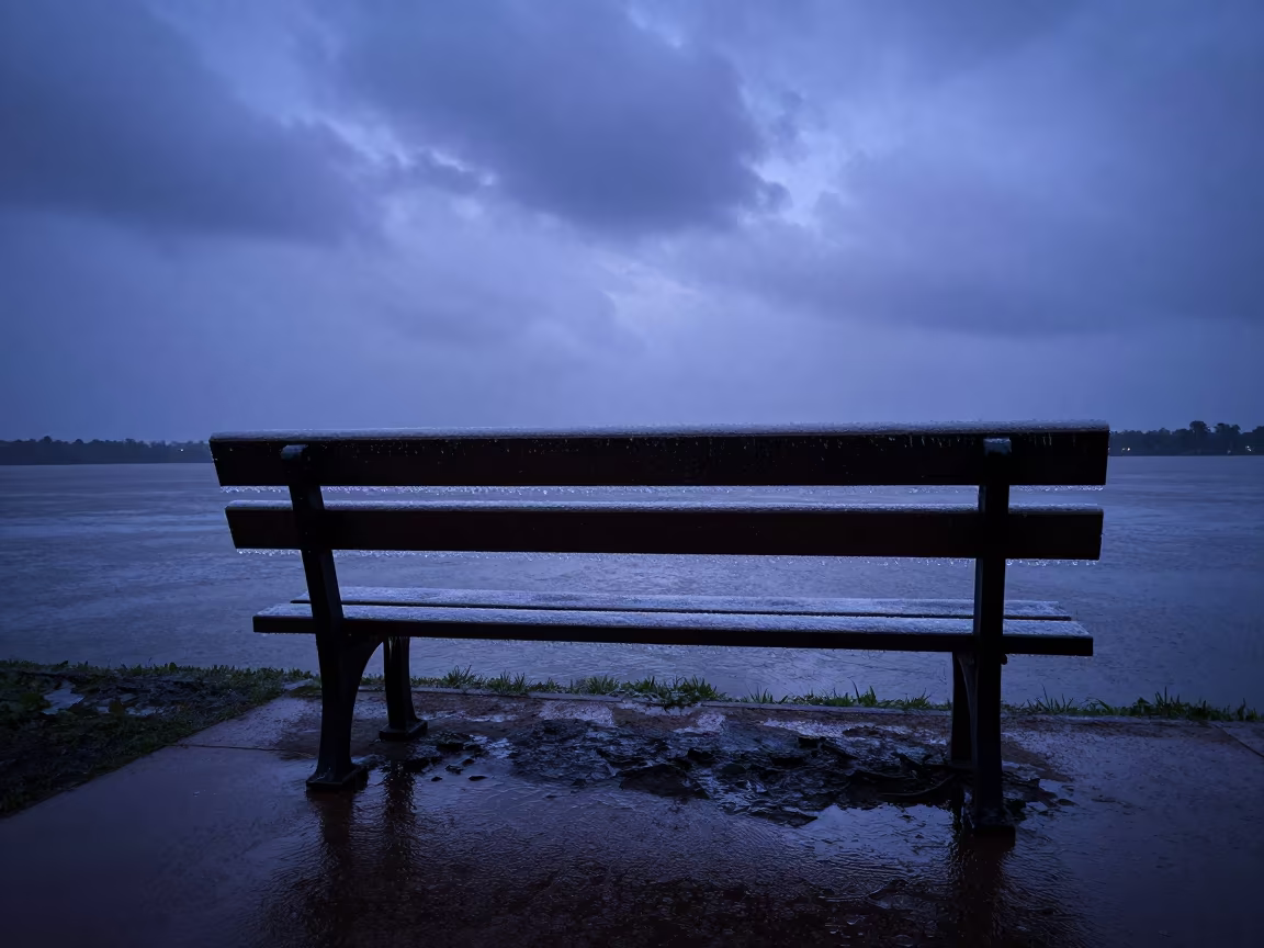 Frozen Rain Park Bench Silhouette Kenya Twilight in beneath fast-moving cloud bands in Kenya