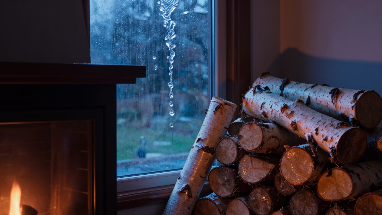 Frozen Rain Splash Beside Birch Fireplace in beside a rain-streaked window in Trujillo
