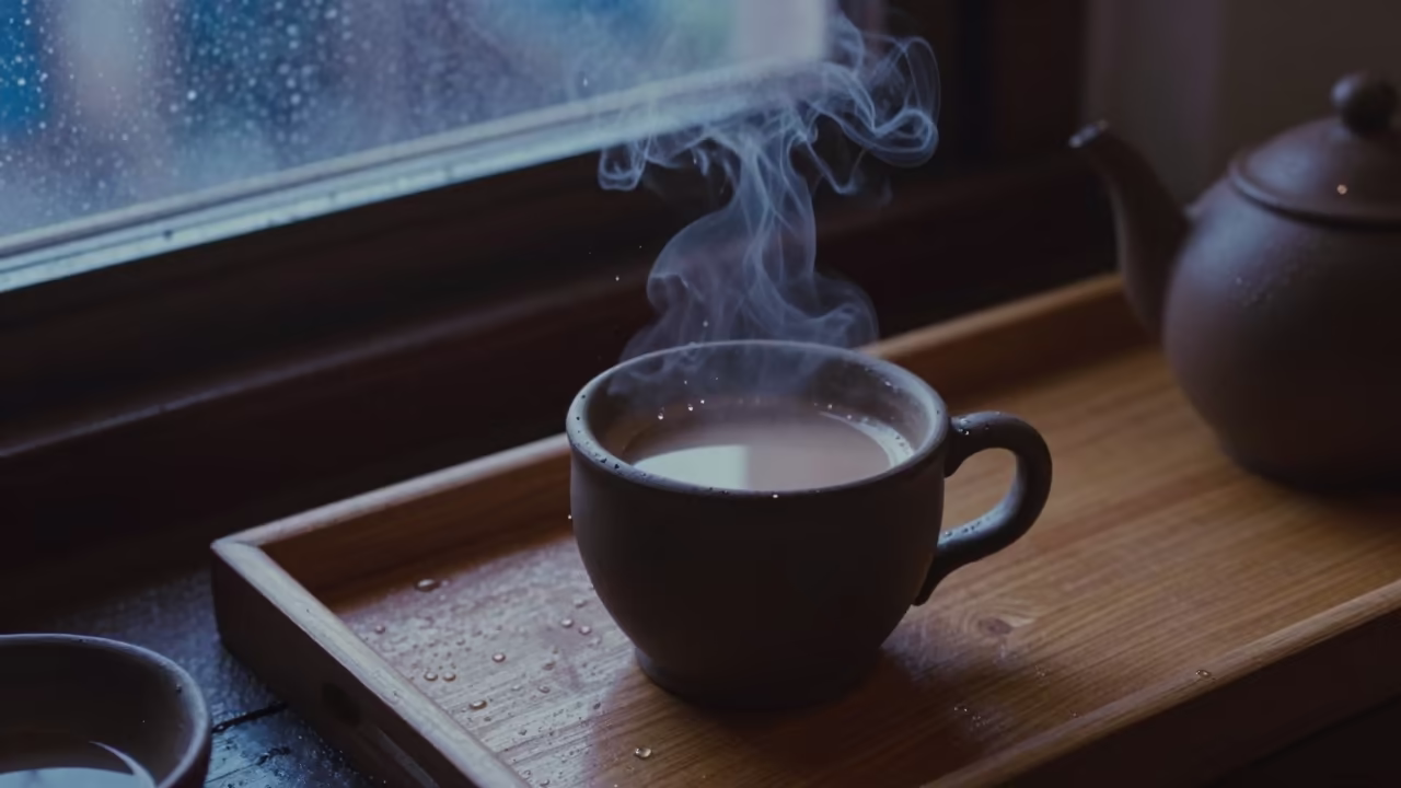 Frozen Rain and Steam Rising from Clay Chai in on a tea house tray in Puebla
