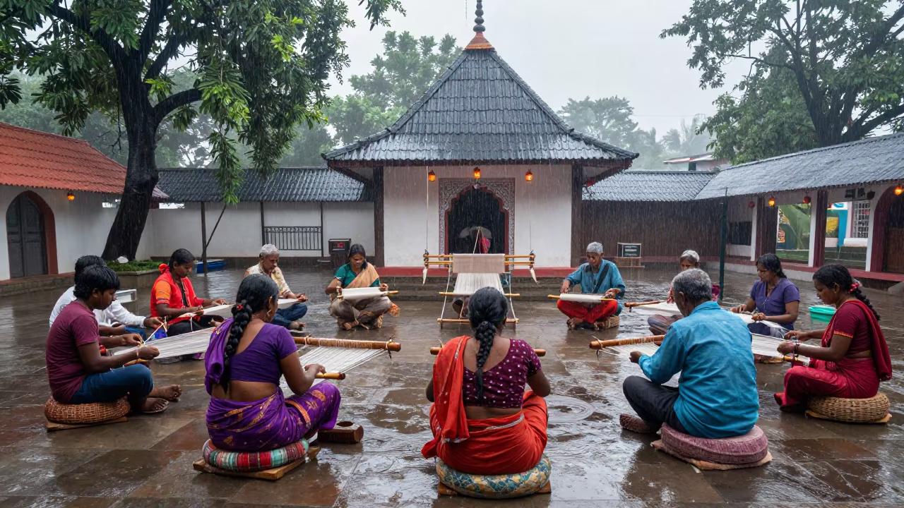 Frozen Rain Weavers Akola Shrine Dawn in in a shrine lined with lanterns in Akola