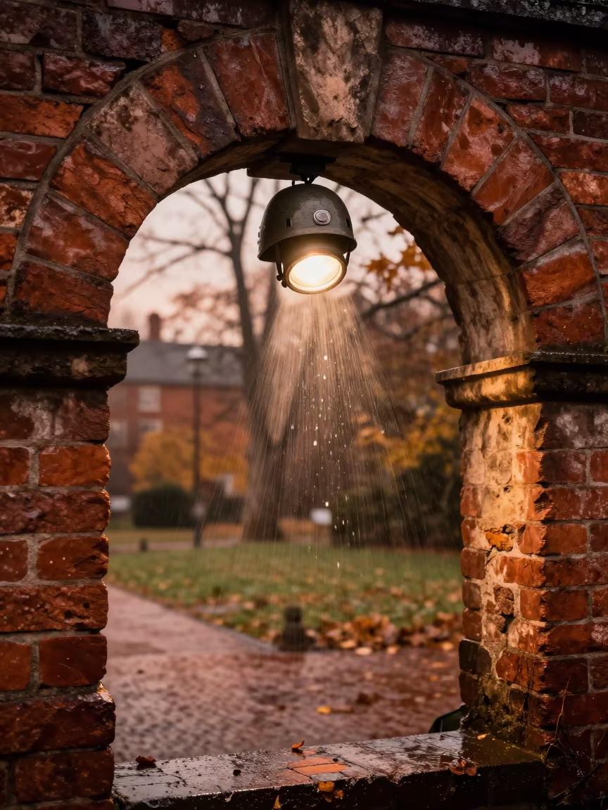 Frozen Raindrops on Helmet Lamp in Munich Ruin in beneath a broken stone arch near Englischer Garten, Munich