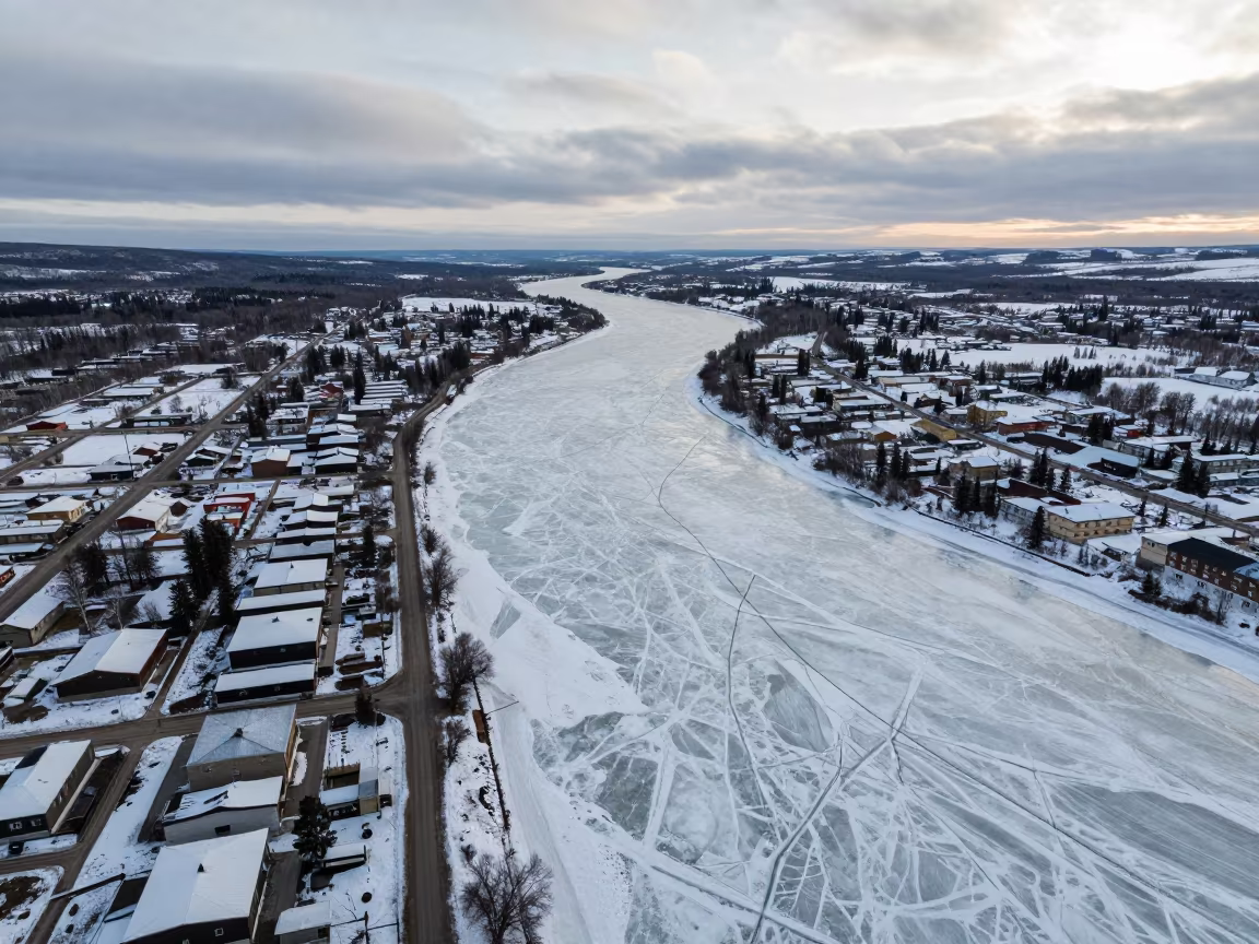 Frozen River Aerial View Whitehorse Tundra Spring in high above patterned rooftops near Whitehorse