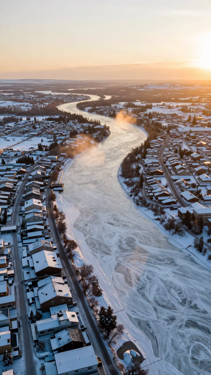 Frozen River Carving White Tundra Aerial View in high above patterned rooftops near Fairbanks