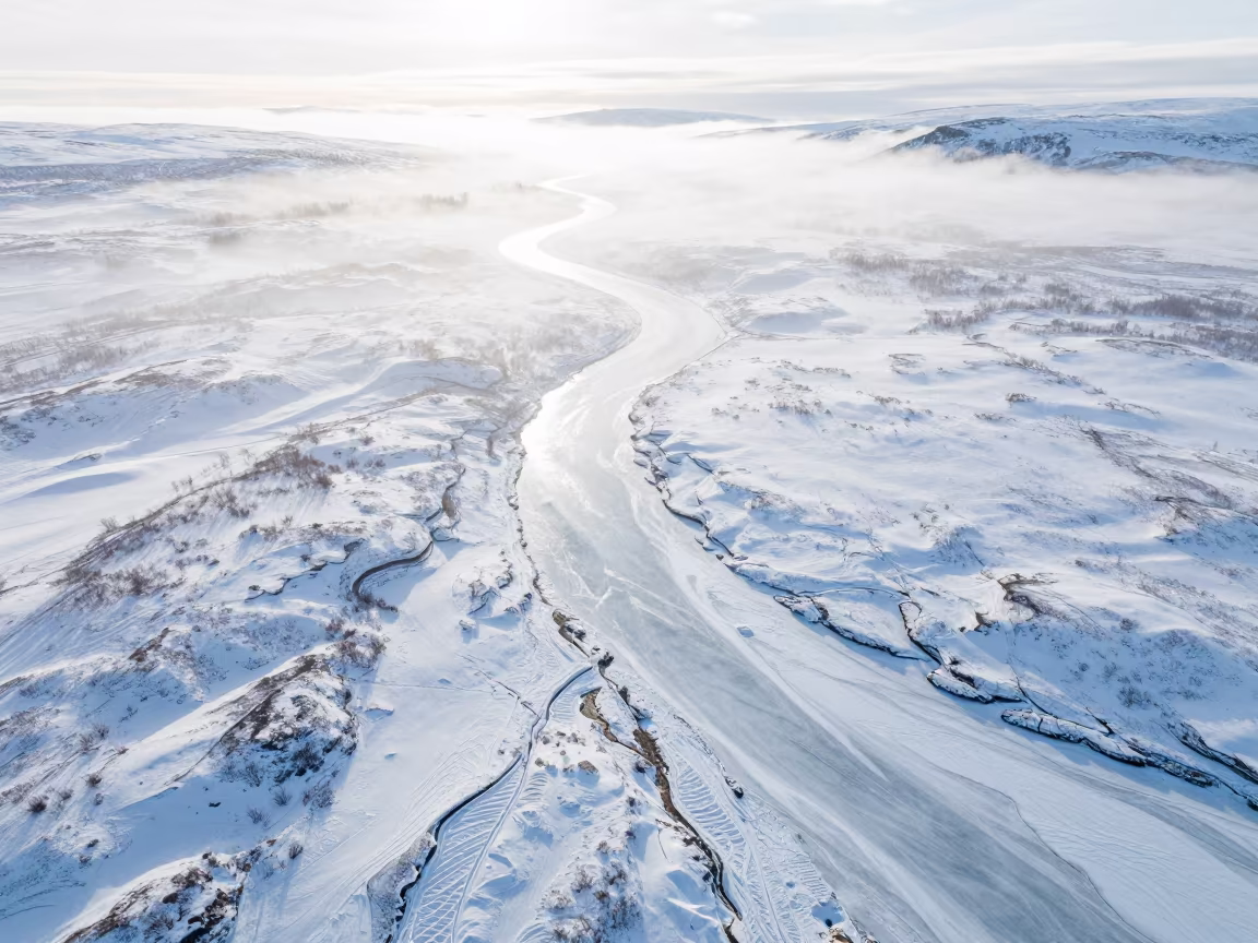 Frozen River Carving White Tundra Norway in above dune fields and dry wadis in Norway