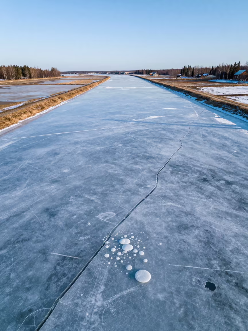 Frozen River Cracks Bubbles Aerial Salt Ponds Sweden in high over salt ponds and causeways in Sweden