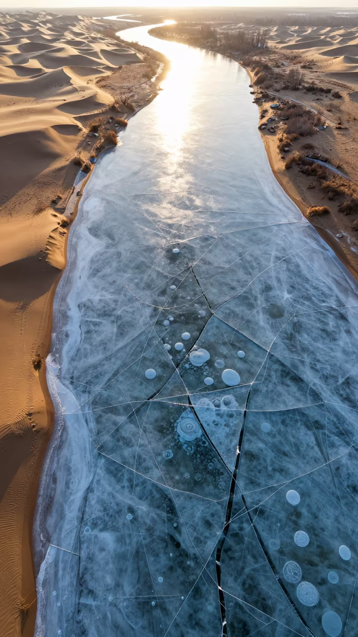 Frozen River Cracks and Bubbles Aerial View in above dune fields and dry wadis in Russia