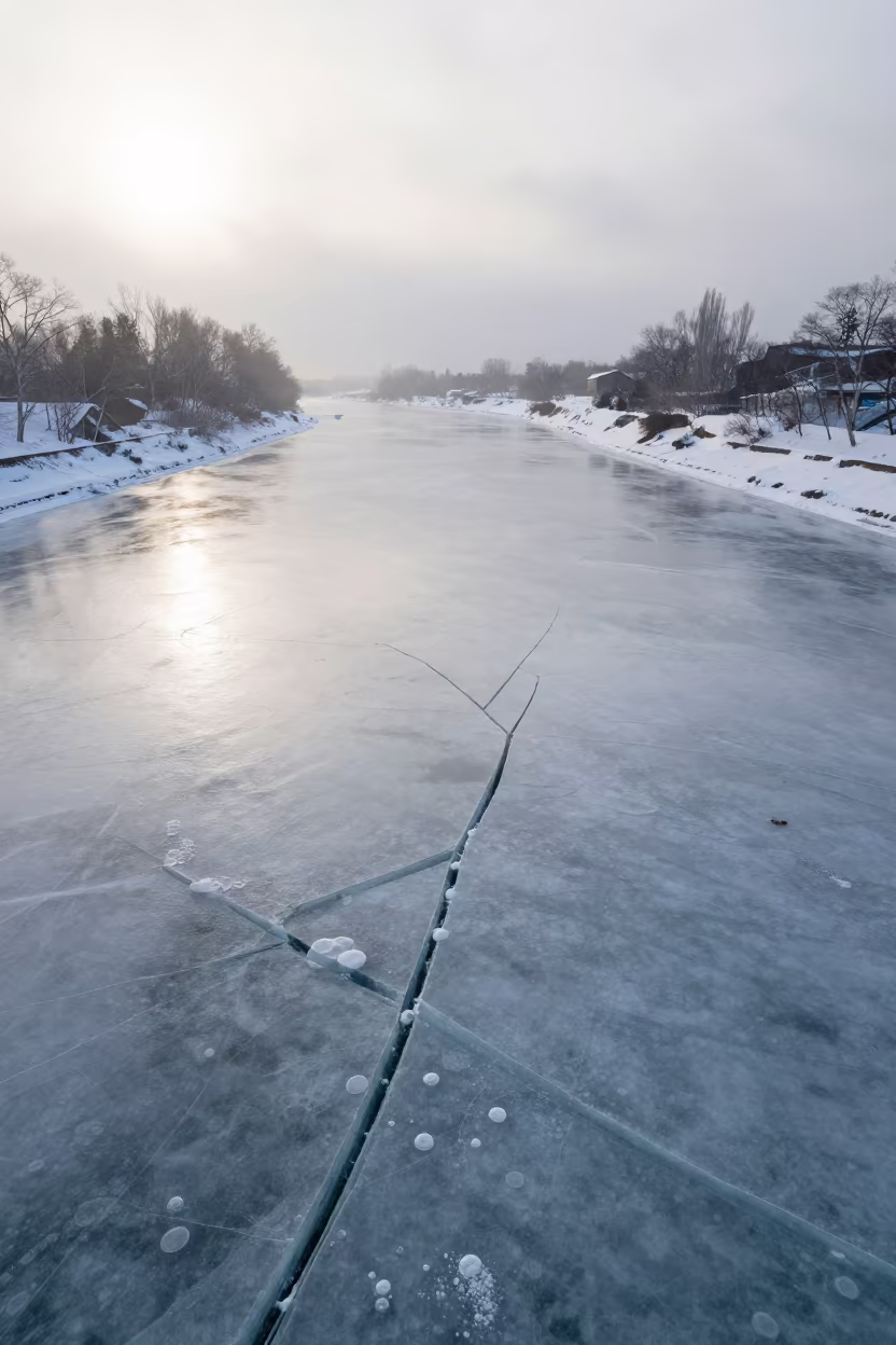 Frozen River Cracks and Bubbles Near Sapporo Dawn in near Sapporo