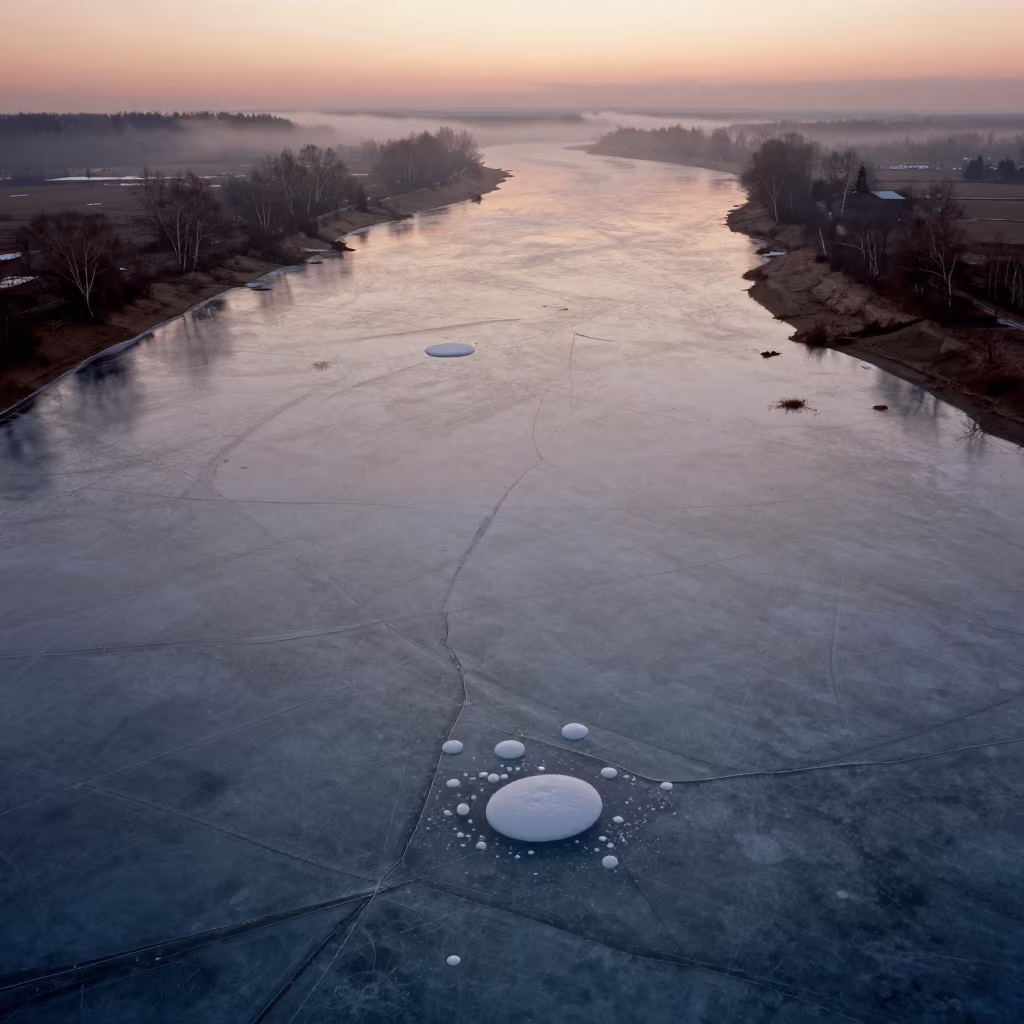 Frozen River Cracks and Bubbles in Russian Irrigation Geometry in high above irrigation geometry in Russia