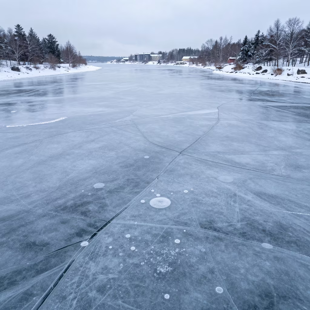 Frozen River Cracks and Snow Bubbles Aerial View in far above river meanders near Helsinki