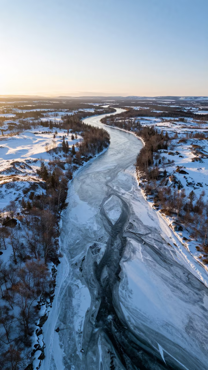 Frozen River Meandering Through Lapland Tundra at Sunset in above dune fields and dry wadis in Lapland