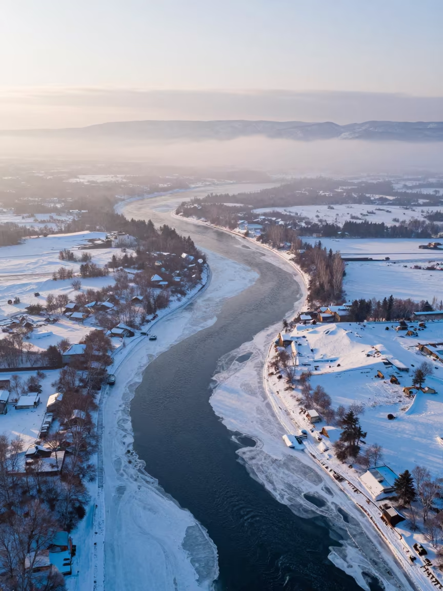 Frozen River Meanders Through Misty Tundra in far above river meanders near Sapporo