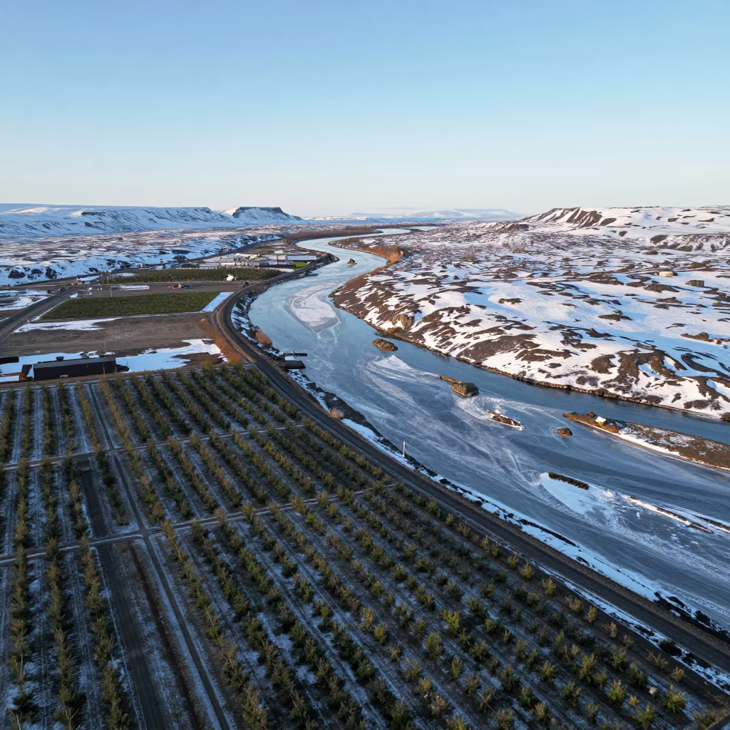 Frozen River Meandering Through Icelandic Tundra in far above orchard blocks and irrigation lines in Iceland