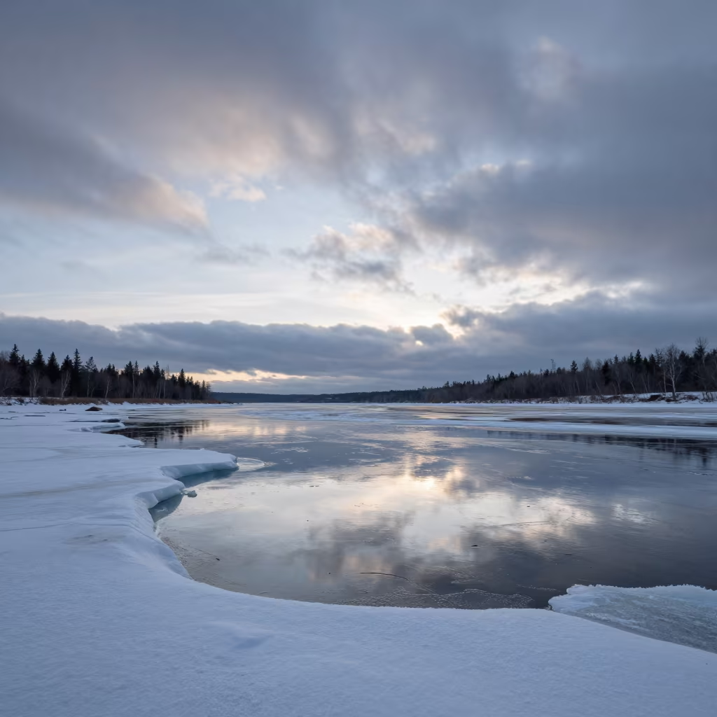 Frozen River Pressure Ridges Blue Hour Ontario in across a floodplain after rain in Ontario