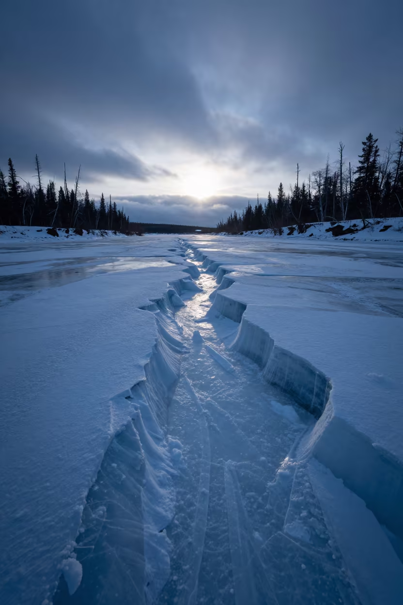 Frozen River Pressure Ridges at Blue Hour Near Yellowknife in across a wide valley floor near Yellowknife