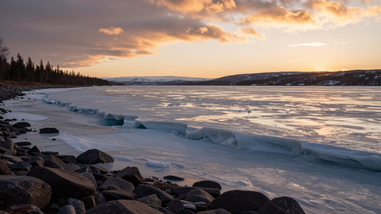 Frozen River Pressure Ridges Golden Hour Lapland in along a wave-cut shoreline in Lapland