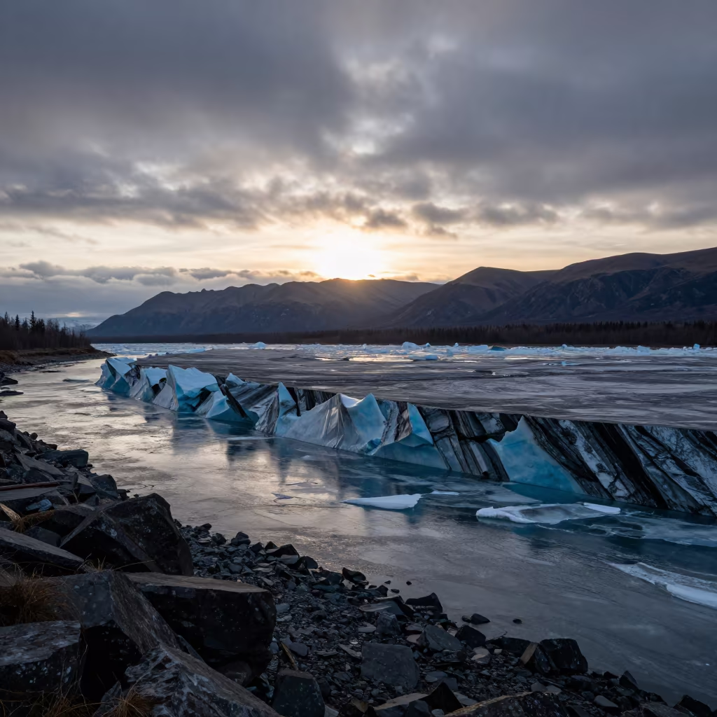 Frozen River Pressure Ridges Silhouetted in from a ridge above layered foothills near Anchorage