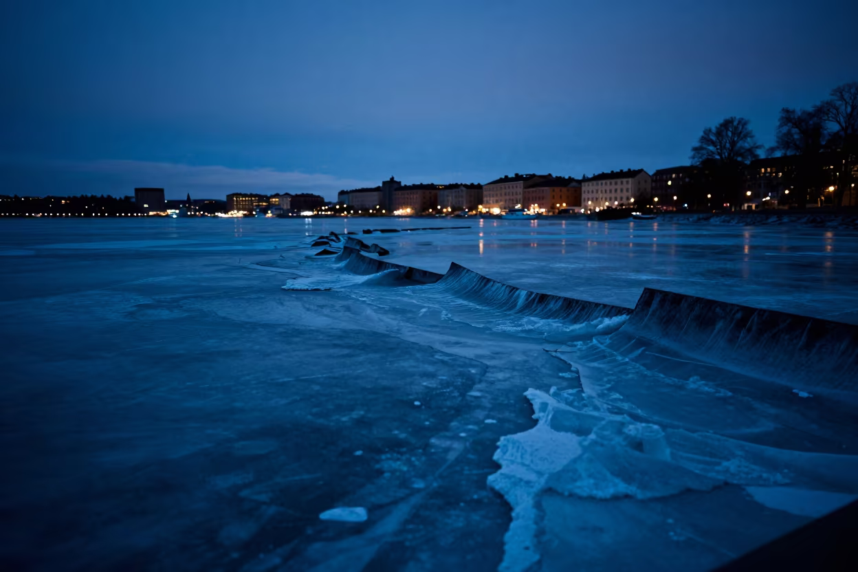 Frozen River Pressure Ridges Stockholm Blue Hour in along a wave-cut shoreline near Kungsholmen, Stockholm