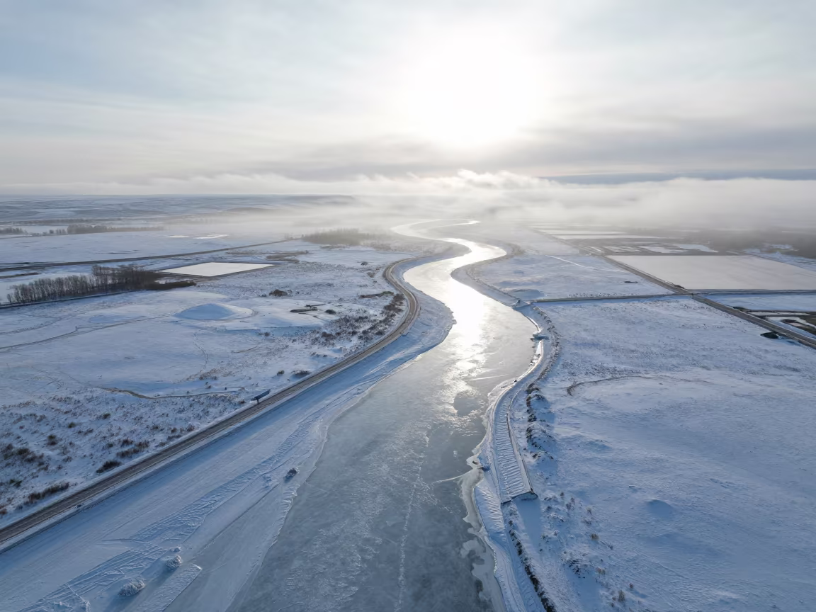 Frozen River Meandering Through Russian Tundra in high over salt ponds and causeways in Russia
