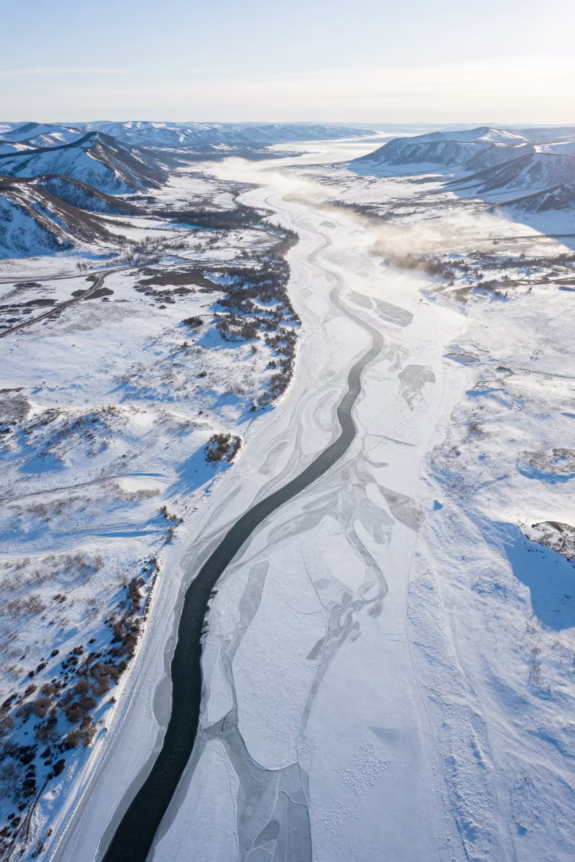 Frozen River in Siberian Tundra Arctic Summer in high above patterned rooftops in Siberia