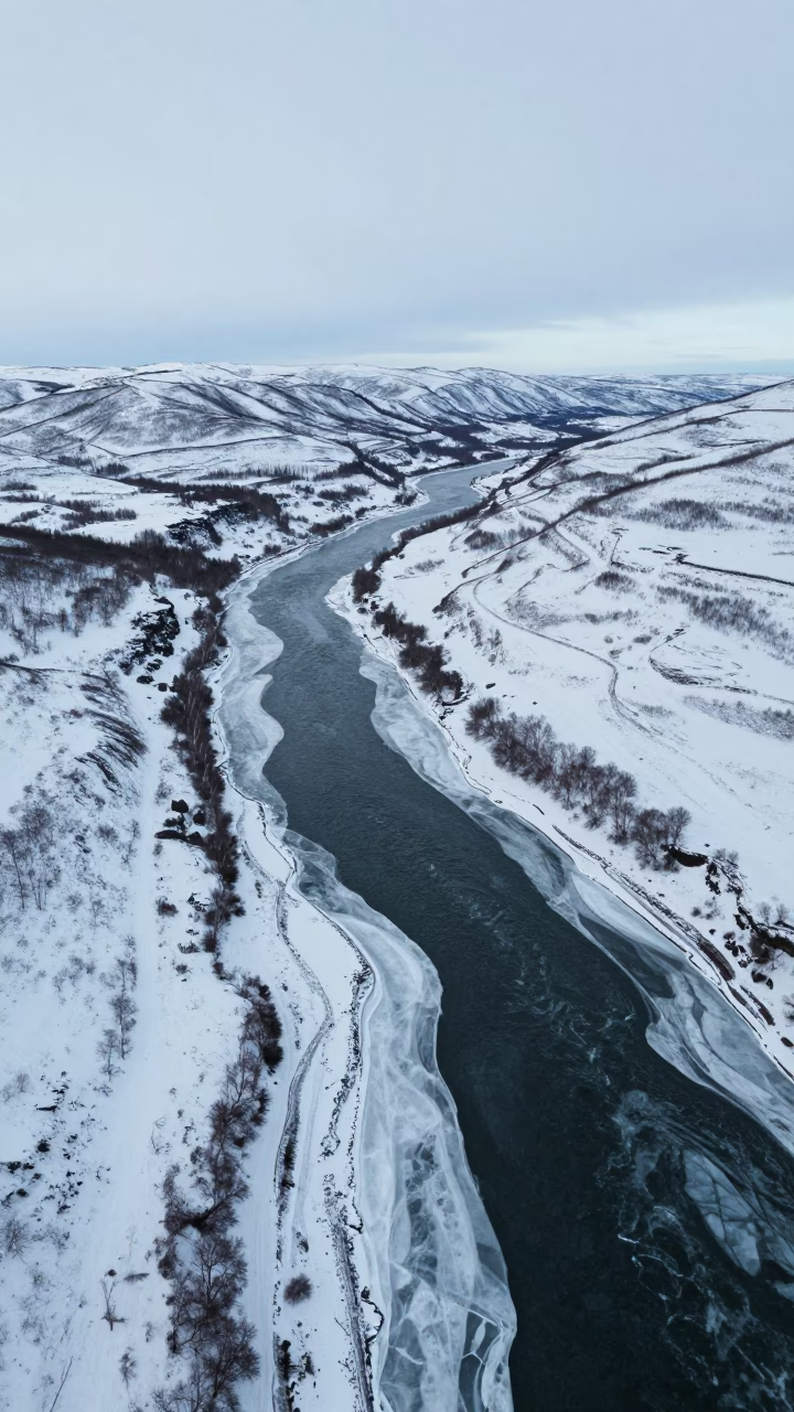 Frozen River Carving White Tundra Aerial View in far above terraced hillsides near Anchorage