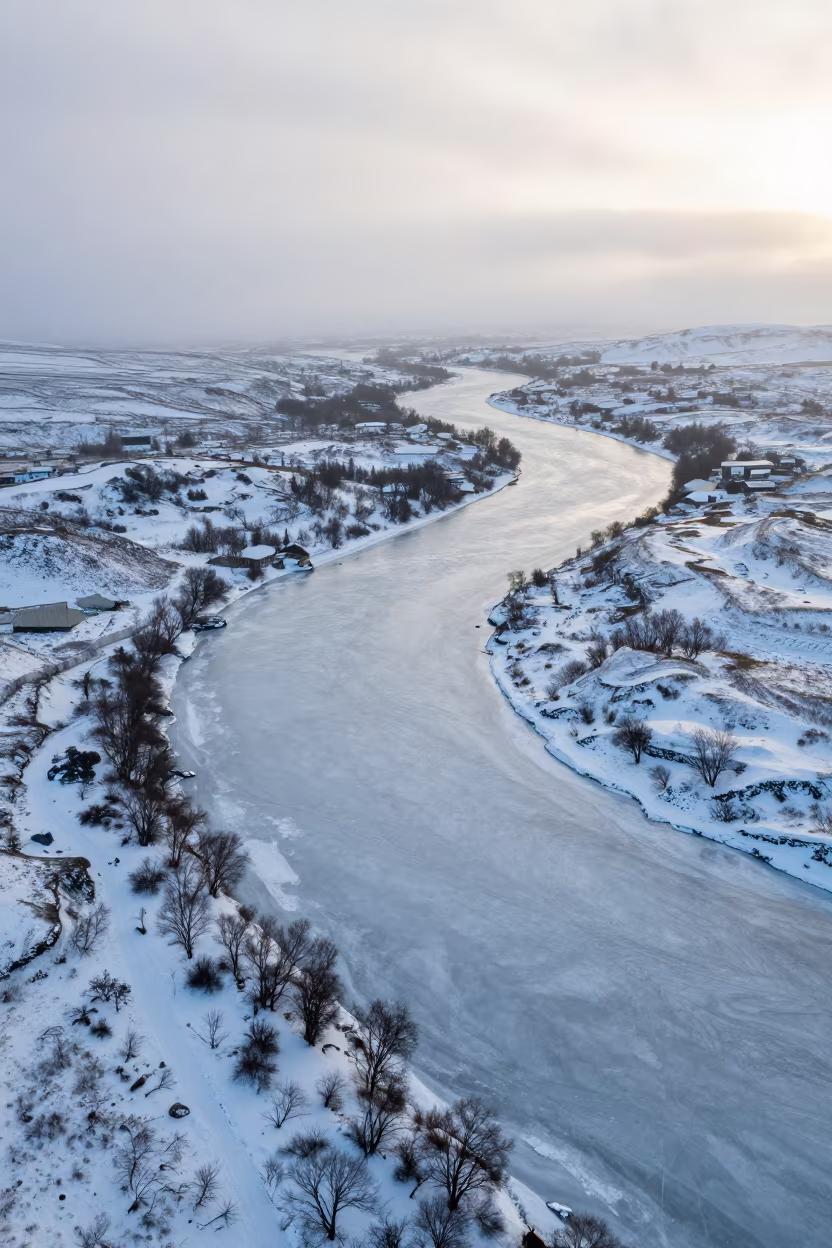 Frozen River Meandering Through Winter Tundra in near Reykjavik