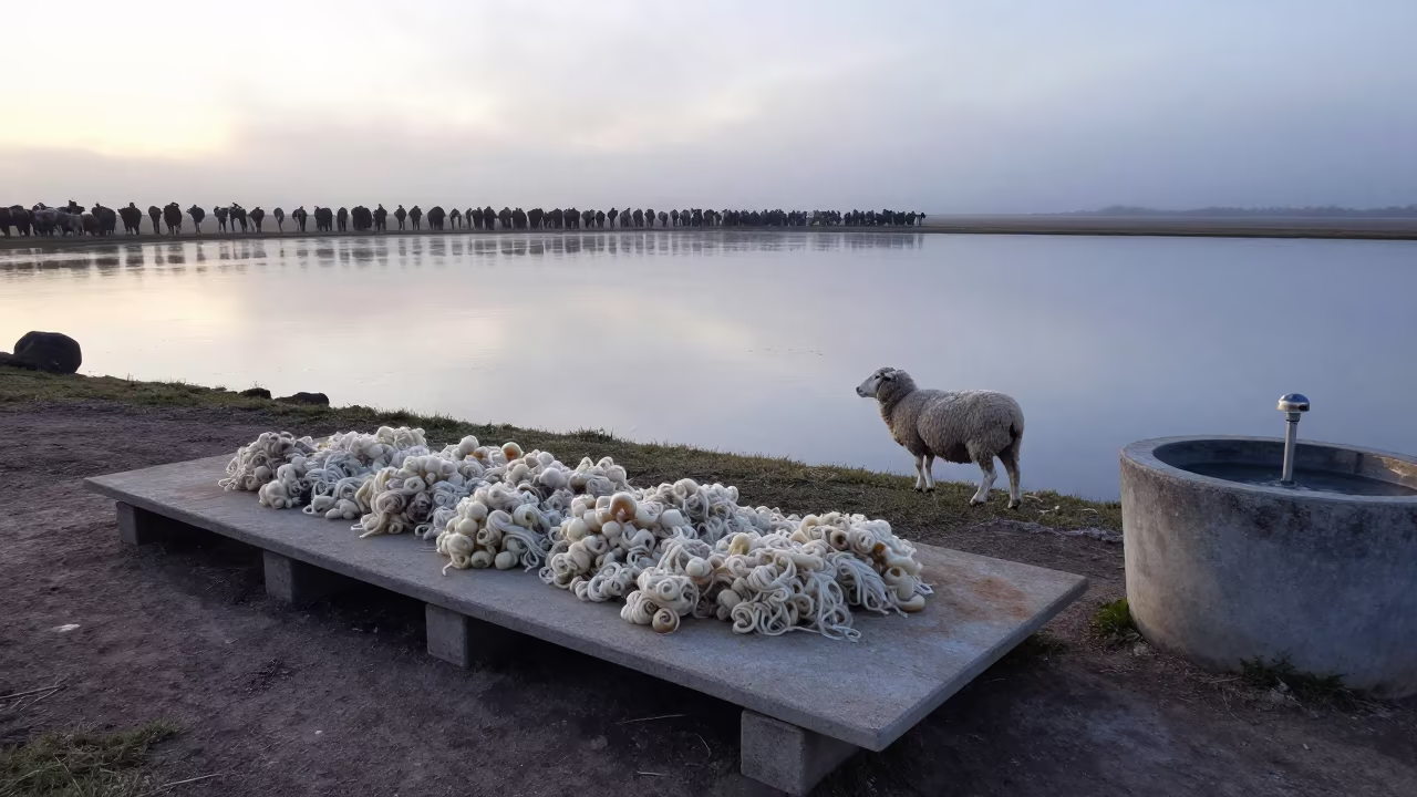 Frozen Shearing Board Wool Uruguayan Evening in near a windbreak and water trough in Uruguay