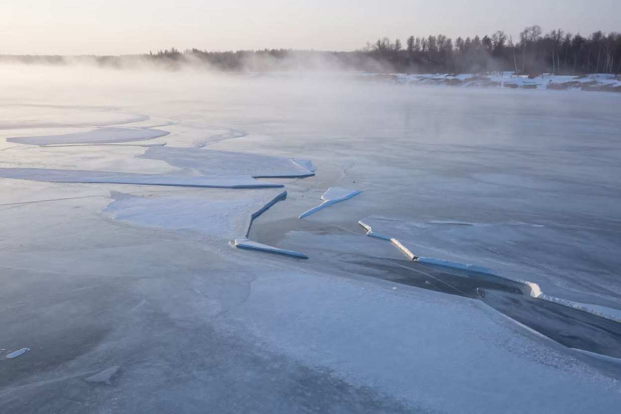 Frozen Siberian River Misty Floodplain Morning in across a floodplain after rain in Siberia