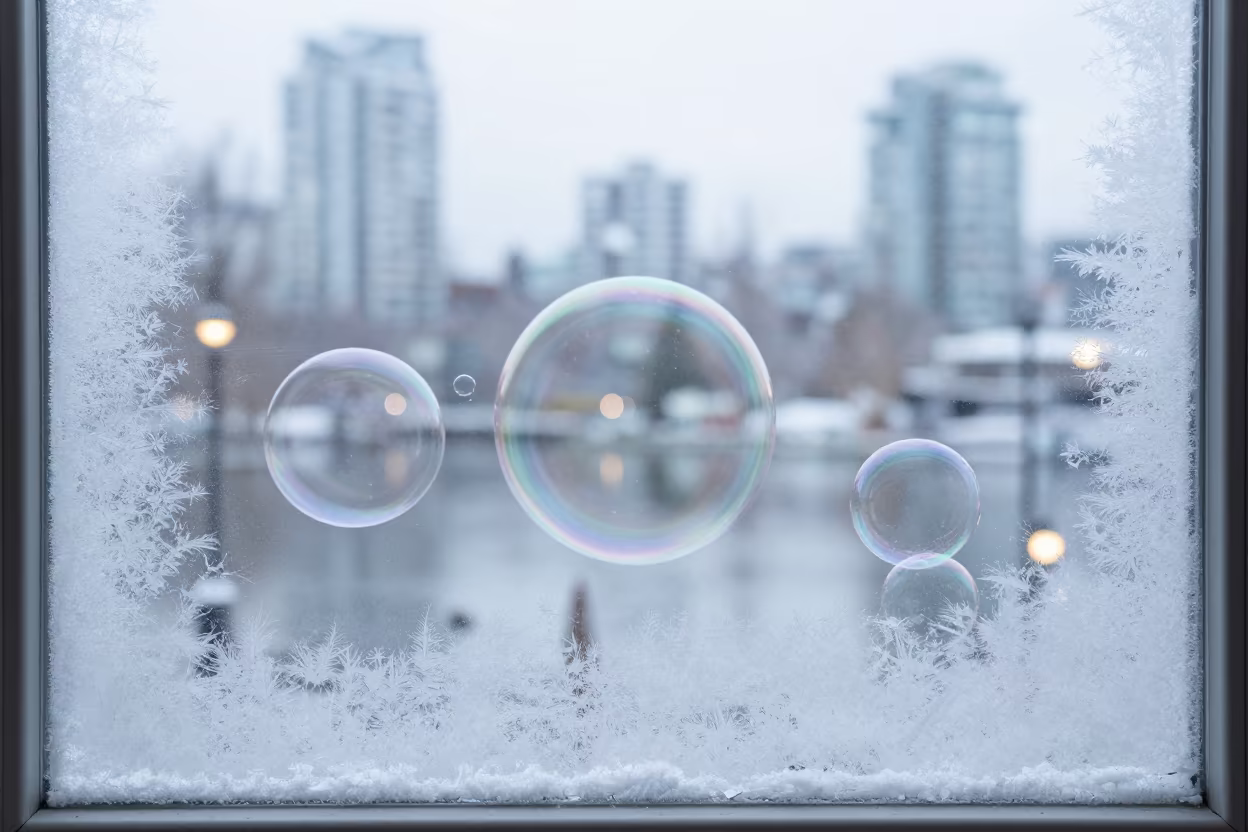 Frozen Soap Bubble Ice Crystal Macro in along a frost-edged windowpane in Yaletown, Vancouver