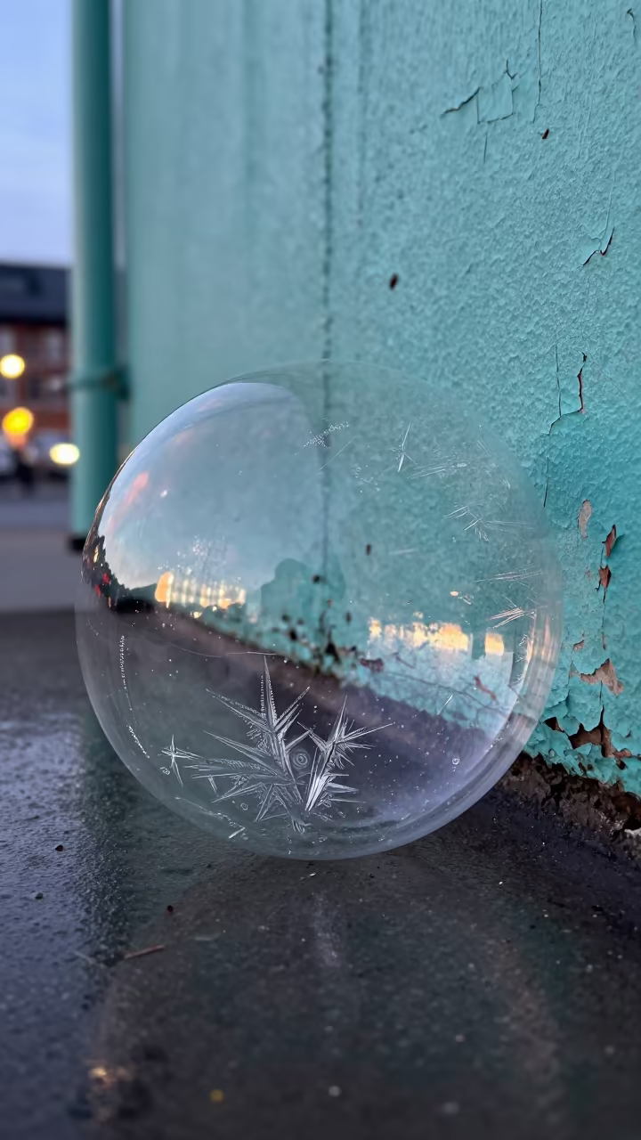 Frozen Soap Bubble Ice Crystal Near Tromsø in against weathered turquoise paint near Tromsø