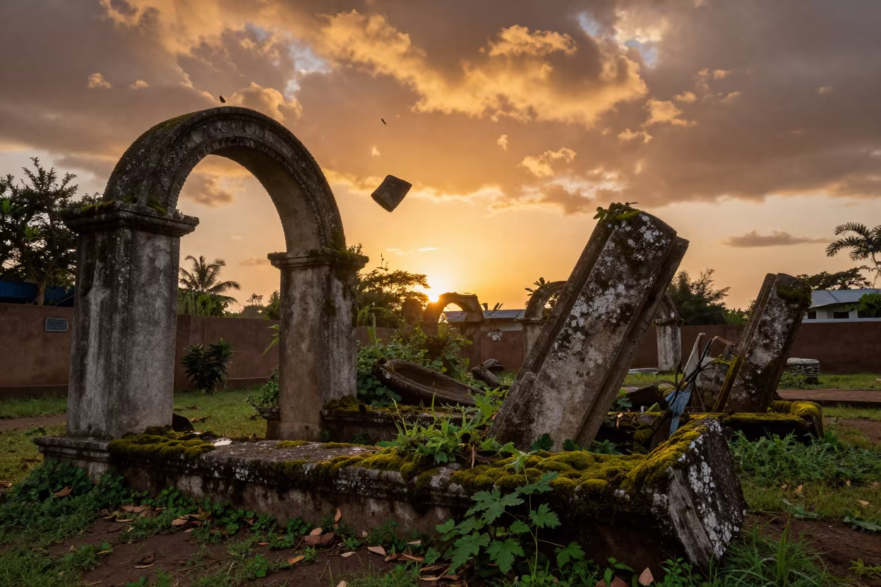 Frozen Stone Folly Amidst Monsoon Ruins in among toppled columns and nettles near Ndjamena