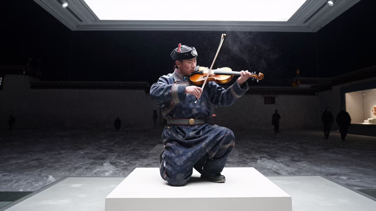 Frozen Tuvan Igil Player on Lhasa Museum Plinth in on a museum plinth in Lhasa
