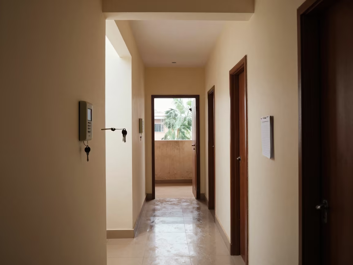 Frozen Wake-Up Call Console in Mumbai Corridor in in a quiet guest corridor in Navi Mumbai