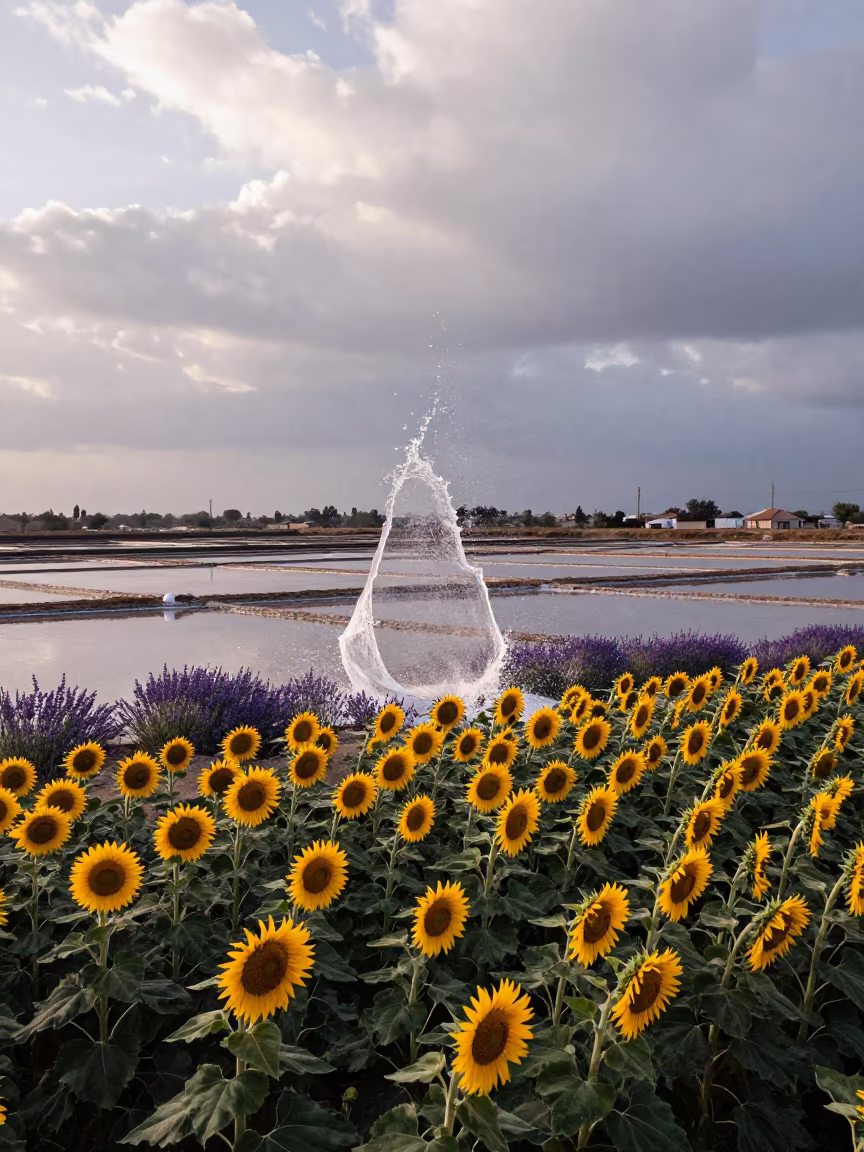 Frozen Water Drop Over Sunflower and Lavender Fields in high over salt ponds and causeways near Messina