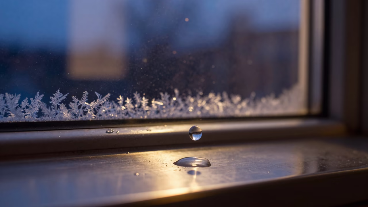 Frozen Water Droplet on Frosty Window Metal in along a frost-edged windowpane in Rovaniemi