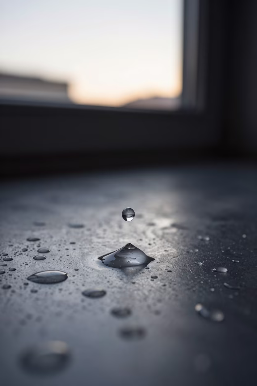 Frozen Water Droplet on Rainy Metal Surface in across a rain-beaded metal surface near Sodermalm, Stockholm