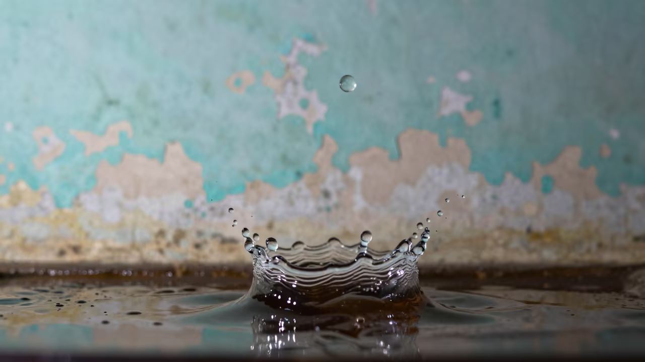 Frozen Water Droplet Splash Turquoise Wall in against weathered turquoise paint in Reykjavik