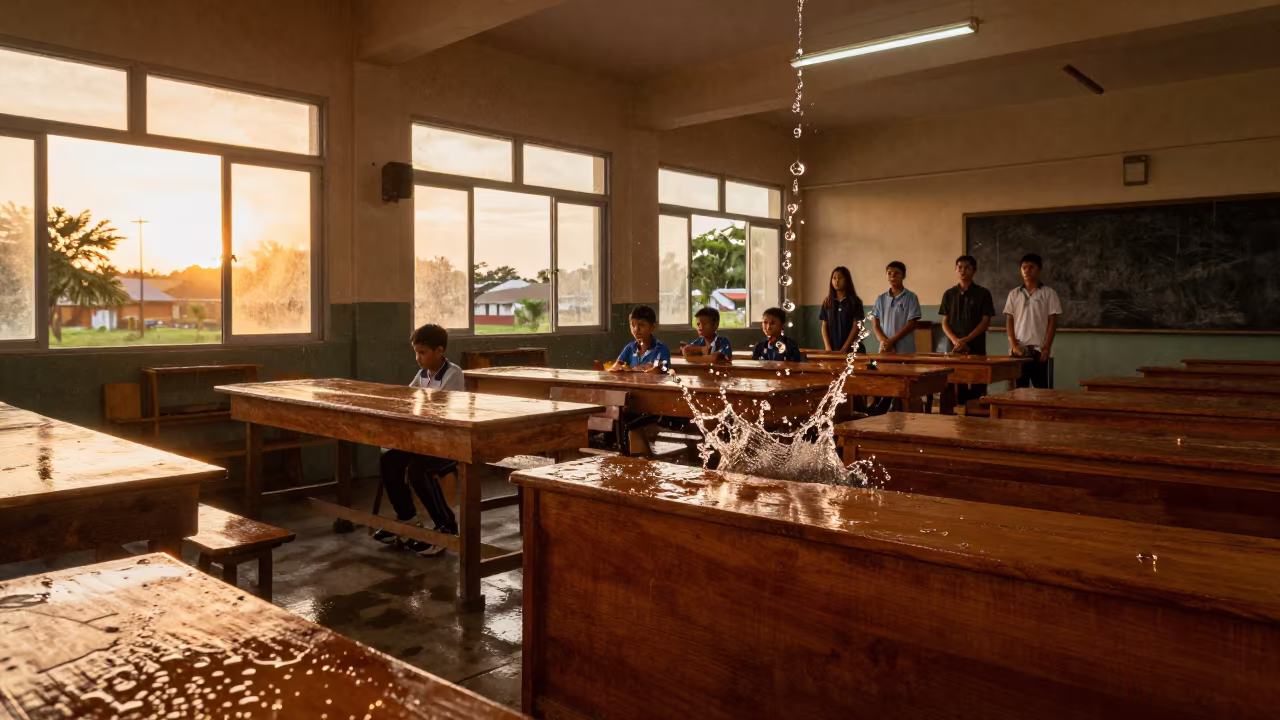 Frozen Water Droplets in Cebu School Woodshop in in a woodshop classroom in Cebu