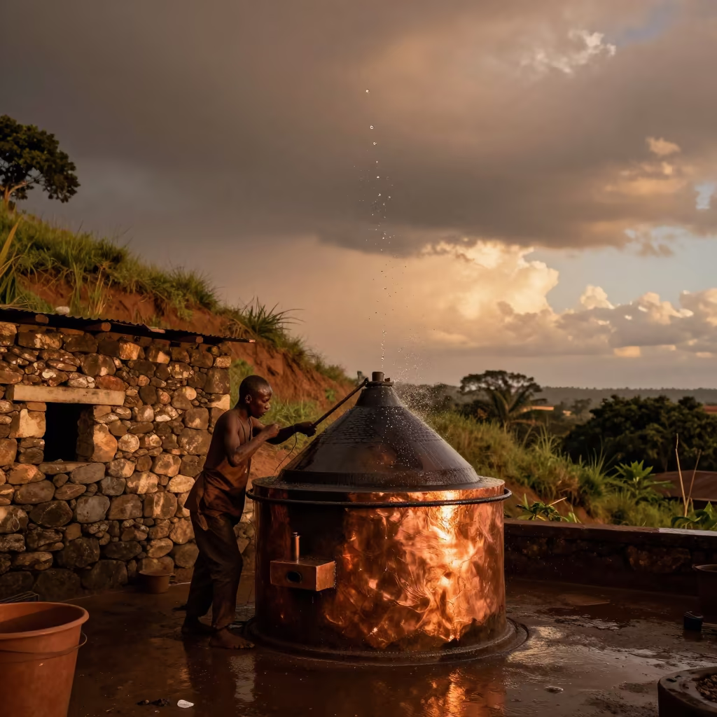 Frozen Water Droplets Over Lime Kiln at Dusk in on a factory floor near Bamenda