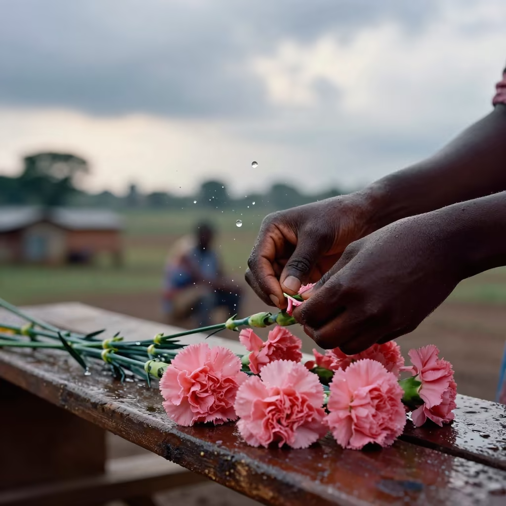 Frozen Water Drops Carnation Garland Mbuji-Mayi in at a flower auction bench in Mbuji-Mayi