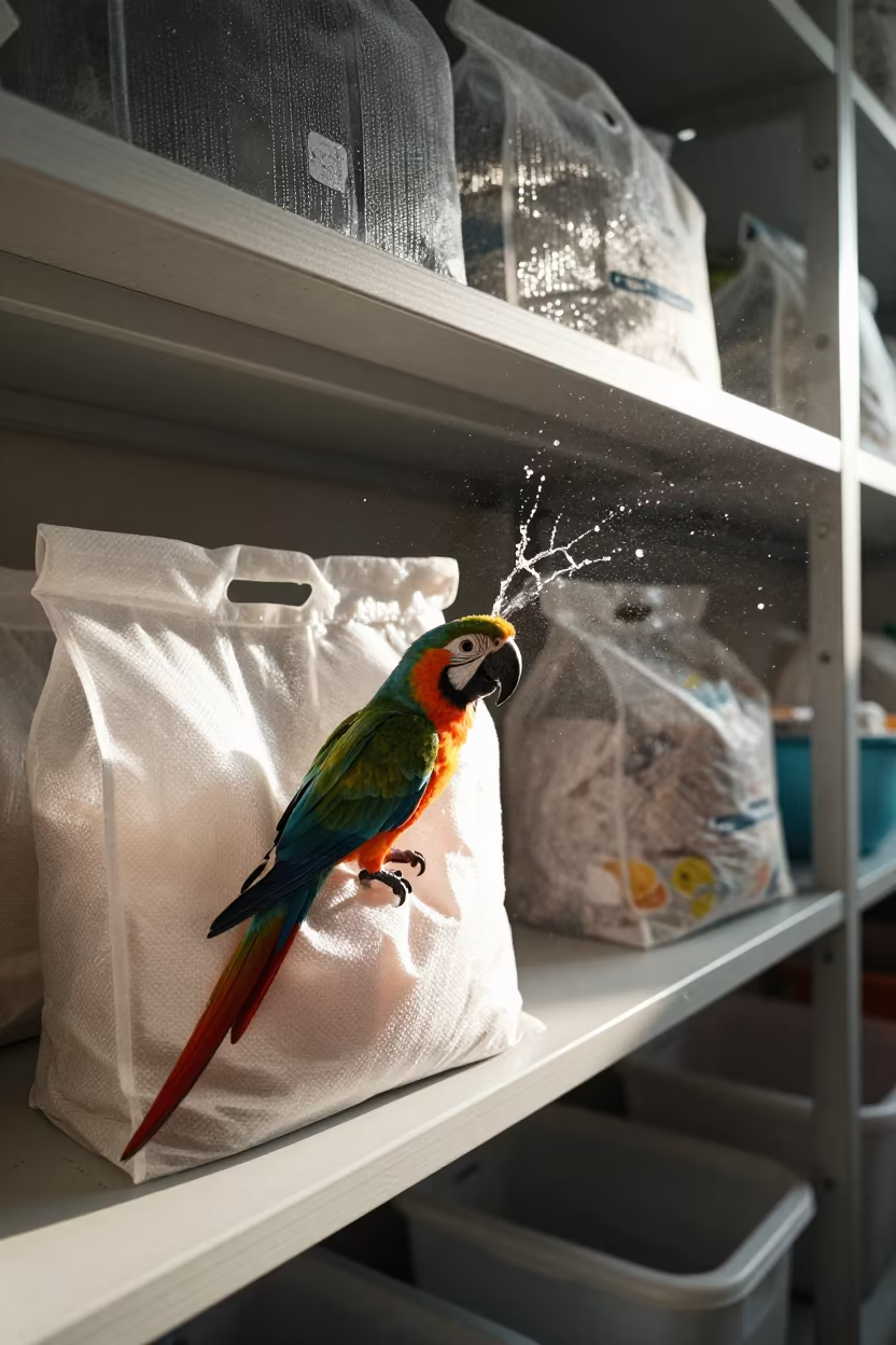 Frozen Water Splash Above Parrot Toy Bag in inside an adoption room near Phuket